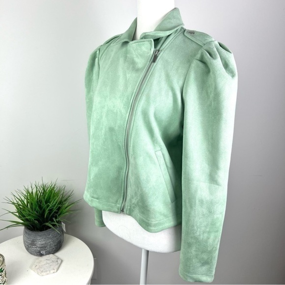 LC Lauren Conrad Moto Jacket womens size medium green zip up puff sleeve - Picture 3 of 12